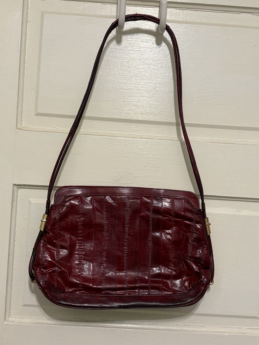 Vintage Burgundy Eel Skin Handbag Suede Lining Dual Compartment Snap Closure
